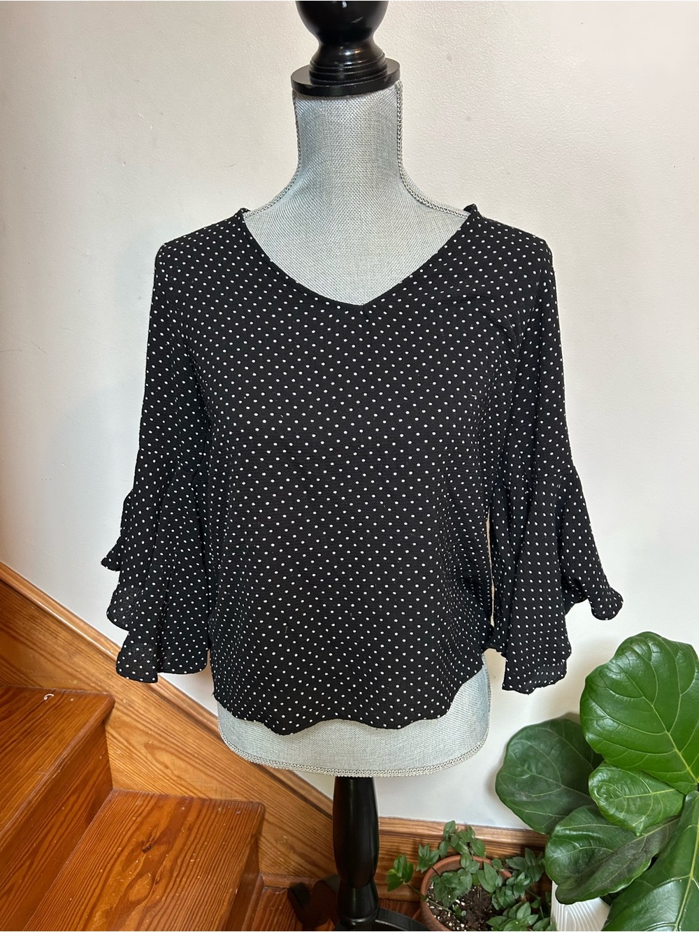 Green Envelope Black Polka Dot Ruffle Sleeve V-Neck Top